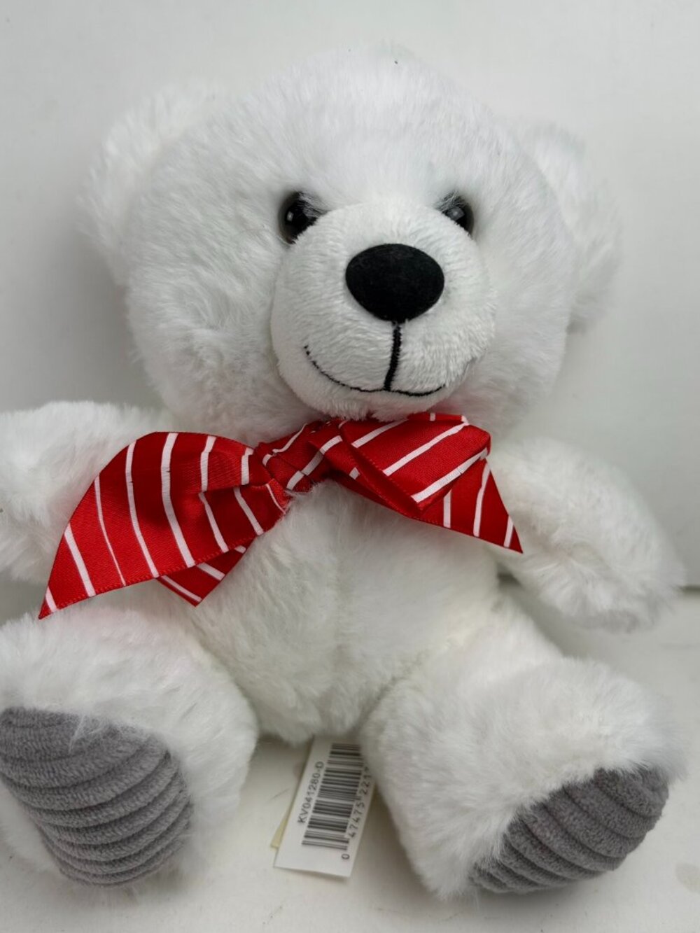 Dan Dee White Teddy Bear Plush Red Striped Bow Gray Ribbed Feet Stuffed Animal